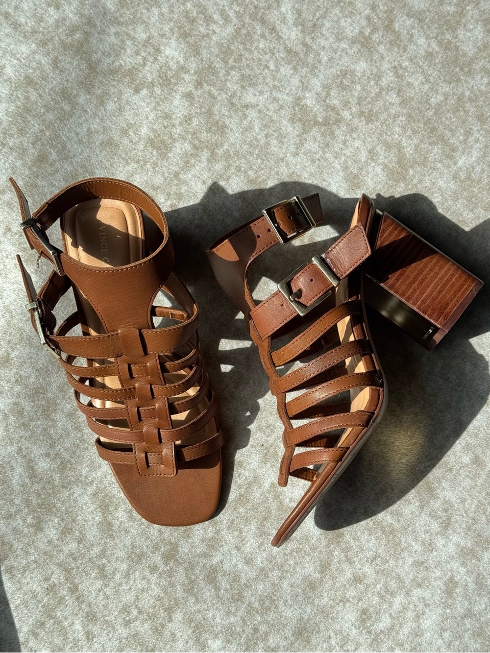 Vince Camuto Hicheny Brown Leather Cage Block Heel Sandals 8.5